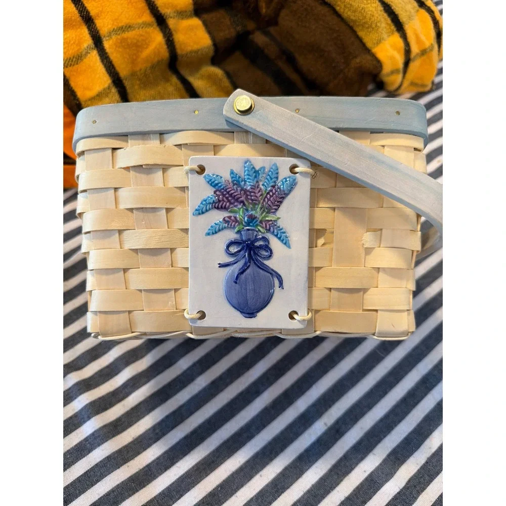 Vintage Style Woven Wood Basket with Blue Floral Ceramic Tile and Handle